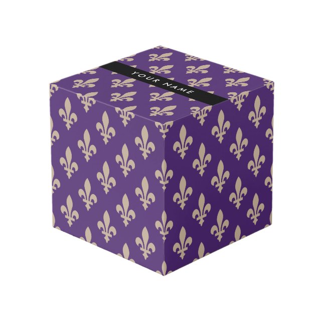 Cube Photo Fleur de Lis, Beige sur Violet, Royal, Votre Nom (Angle devant)