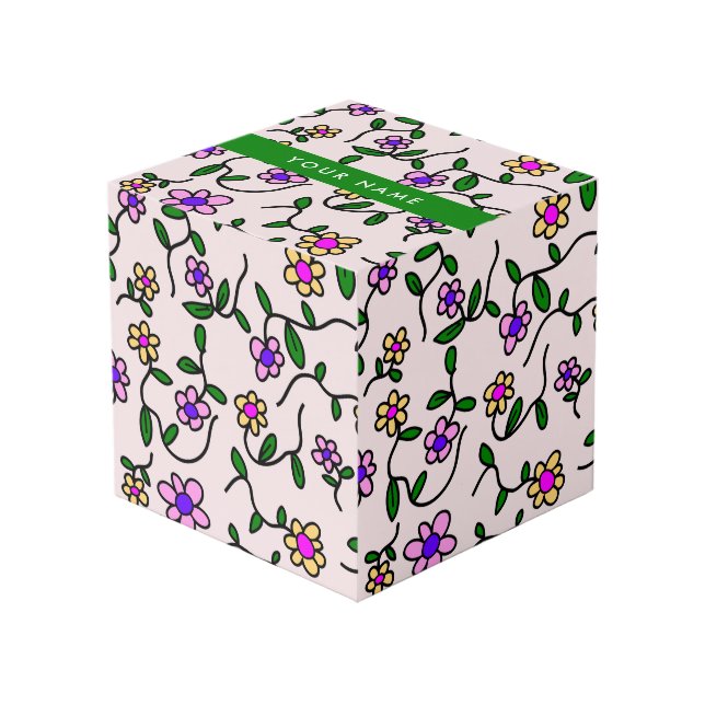 Cube Photo Fleurs Colorées, Fond Rose, Vert (Angle devant)