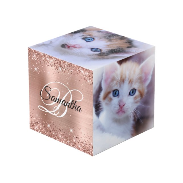 Cube Photo Glitter Rose Or huile Fancy Monogramme (Angle devant)