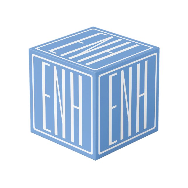 Cube Photo Gras moderne 3 initiales Monogramme | Bleu doux (Angle devant)