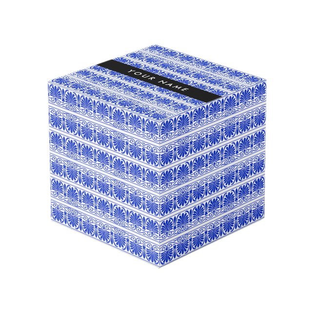 Cube Photo Grec Fret Arabesque Bleu, Votre Nom, Personnaliser (Angle devant)