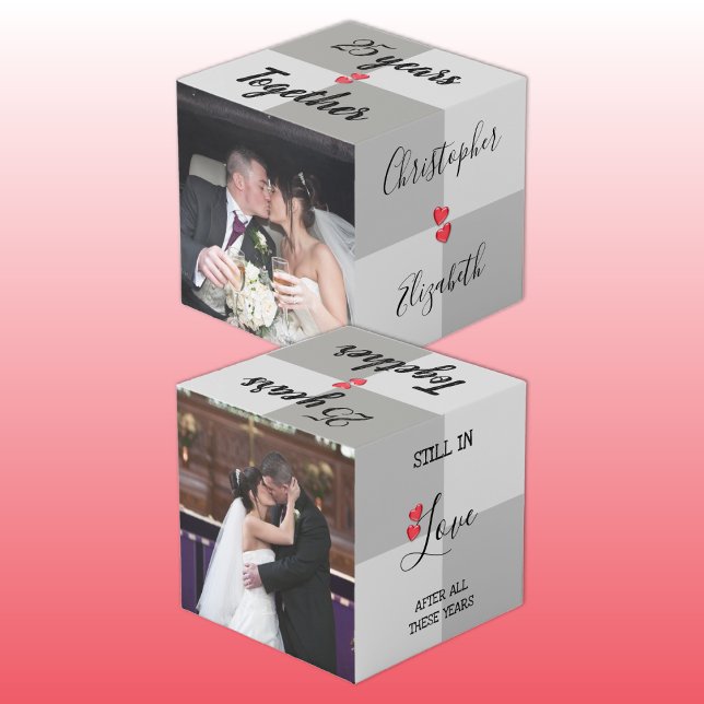 Cube Photo Gris et rouge avec les noms et la photo anniversai (Créateur téléchargé)