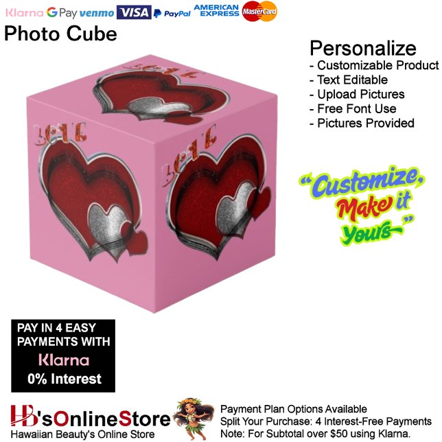 Cube photo Heart Magic Pink (Love Heart Red Silver with Pink Background Cube.)