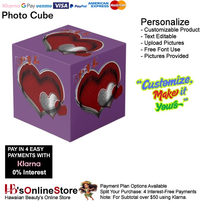 Cube photo Heart Magic Purple (Love Heart Red Silver with Purple Background Cube.)