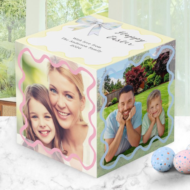Cube Photo Joyeuses Pâques 4 Photos Pastel (A photo display cube with pastel wavy line 'frames', Happy Easter message, name(s) and date)