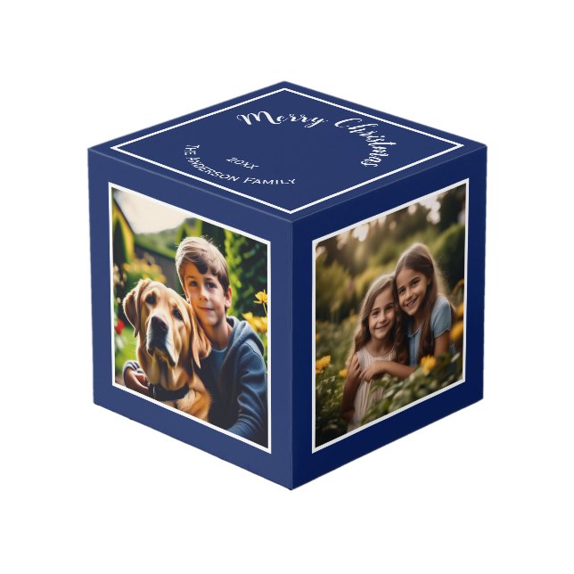 Cube Photo Joyeux Noël Festif Bleu Photo personnalisée (Angle devant)