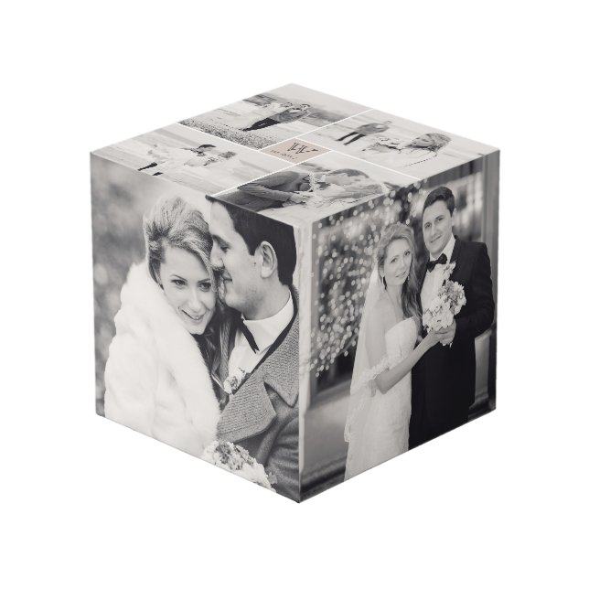 Cube Photo Mariage Carré moderne Monogramme 8 Photo Collage (Angle devant)