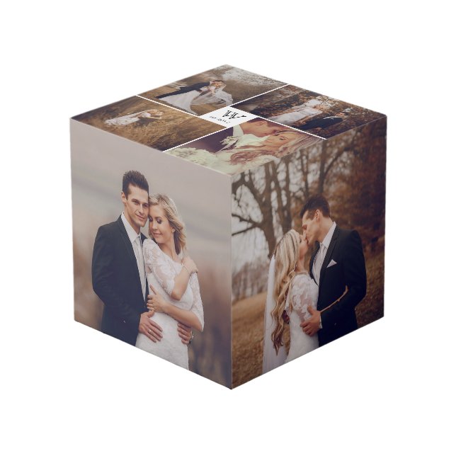 Cube Photo Mariage Carré moderne Monogramme 8 Photo Collage (Angle devant)