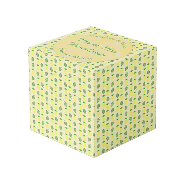 Cube Photo Mariage d'été tropical Ananas et Palm Feuille (Angle devant)