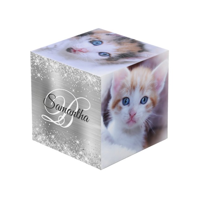 Cube Photo Monogramme fantaisie argenté et scintillant (Angle devant)