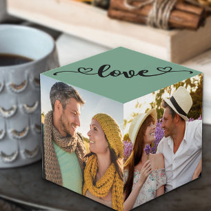 Cube Photo Personnalisé 4 Photo Mint Sage Love with Hearts
