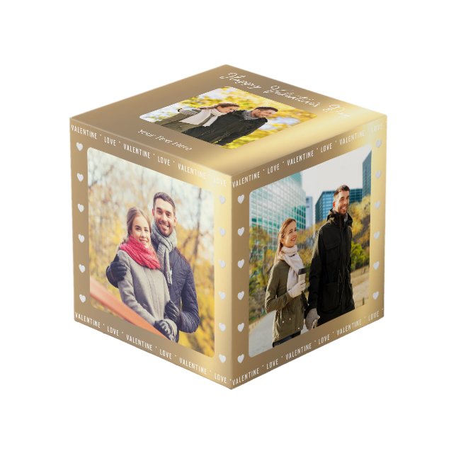 Cube Photo Personnalisée Saint Valentin Faux Gold Multi Photo (Angle devant)