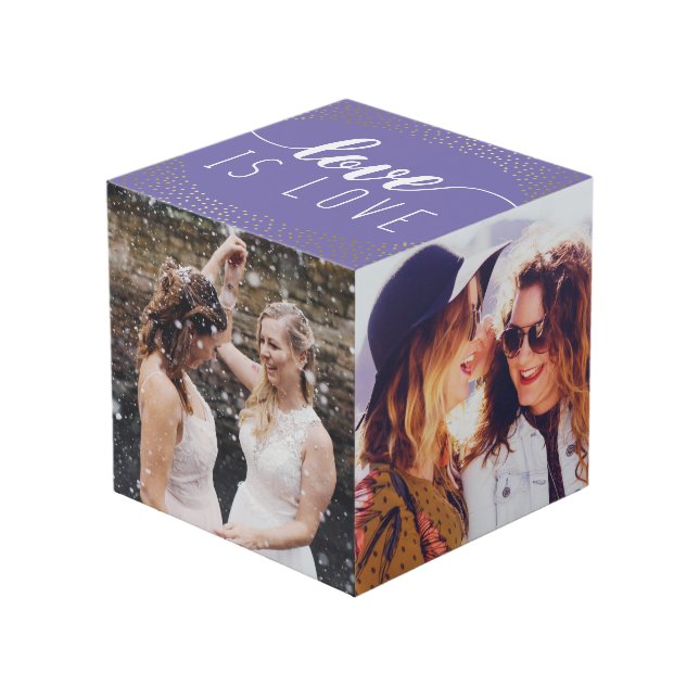 Cube Photo Purple Love is Love Gold Confetti - Photos Mariage (Angle devant)