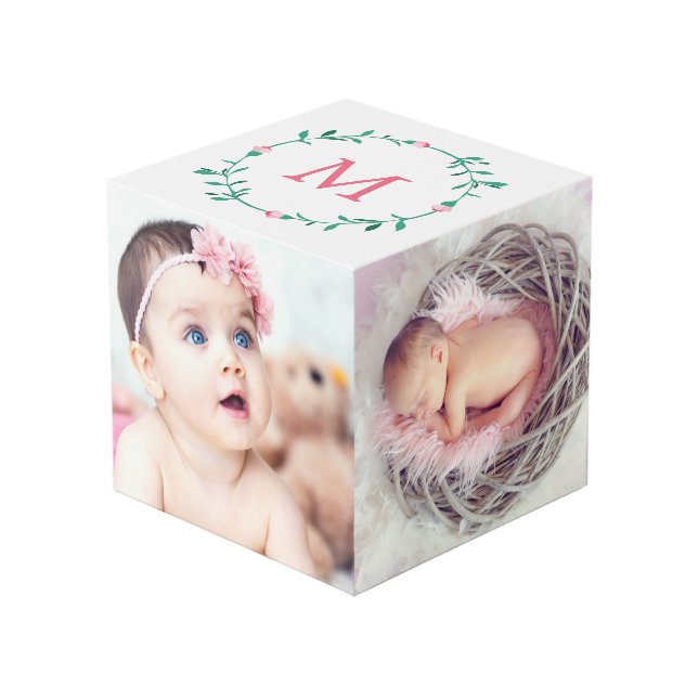 Cube Photo Rose Rosebud Wreath Monogramme Baby Photo (Angle devant)