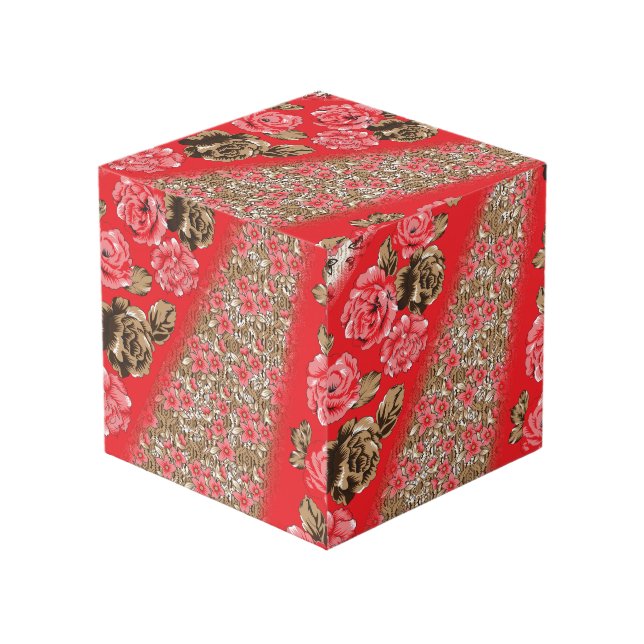Cube Photo Tissu rouge éclatant avec floral complexe et (Angle devant)
