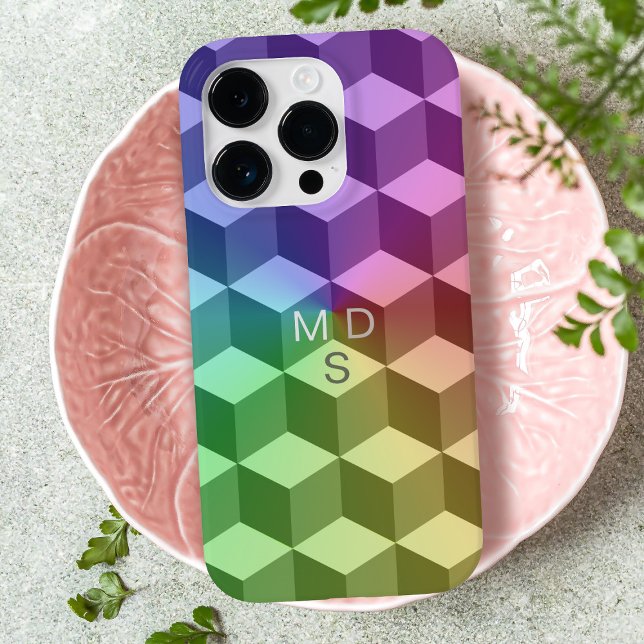 Cubes géométriques colorés Monogramme coque iphone (A colorful geometric cube pattern phone case with space for your initials)