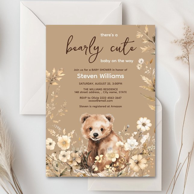 Cuire ours aquarelle garçon baby shower invitation (Cute watercolor forest bear with rustic beige flowers baby shower invitation)