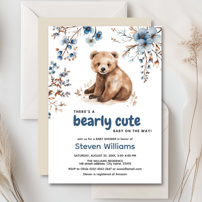 Cuire ours aquarelle garçon baby shower invitation (Cute bear with rustic blue flowers baby shower invitation)