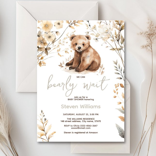 Cuire ours aquarelle garçon baby shower invitation (Cute watercolor forest bear with rustic beige flowers baby shower invitation)