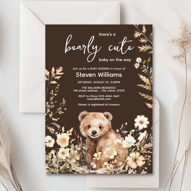 Cuire ours aquarelle garçon baby shower invitation (Cute watercolor forest bear with rustic beige flowers baby shower invitation)