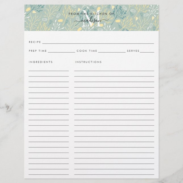 Cuisine mignonne Monogramme Turquoise Floral Botan (Devant)