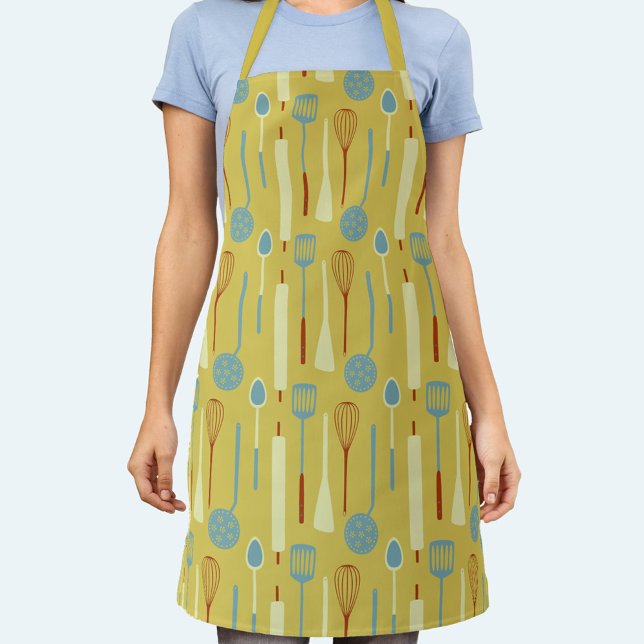 Cuisine rétro, tablier (Retro kitchen utensils fun yellow apron for your favorite cook, chef or baker)
