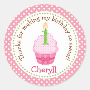 Cupcake 1er Anniversaire Stickers Merci (rose)