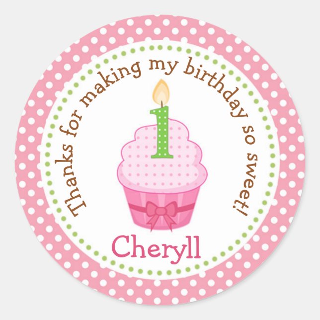 Cupcake 1er Anniversaire Stickers Merci (rose) (Devant)