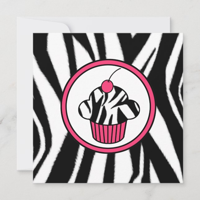 Cupcake avec invitation cerise - Zebra Print /Pink (Devant)