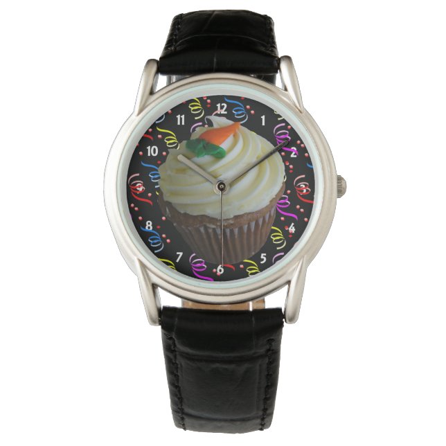 Cupcake de carottes et Confetti Montre en cuir noi (devant)