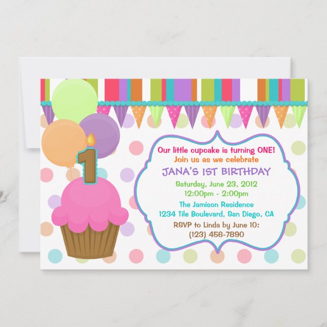 Cupcake joli et coloré Invitation d'anniversaire [ (Devant)