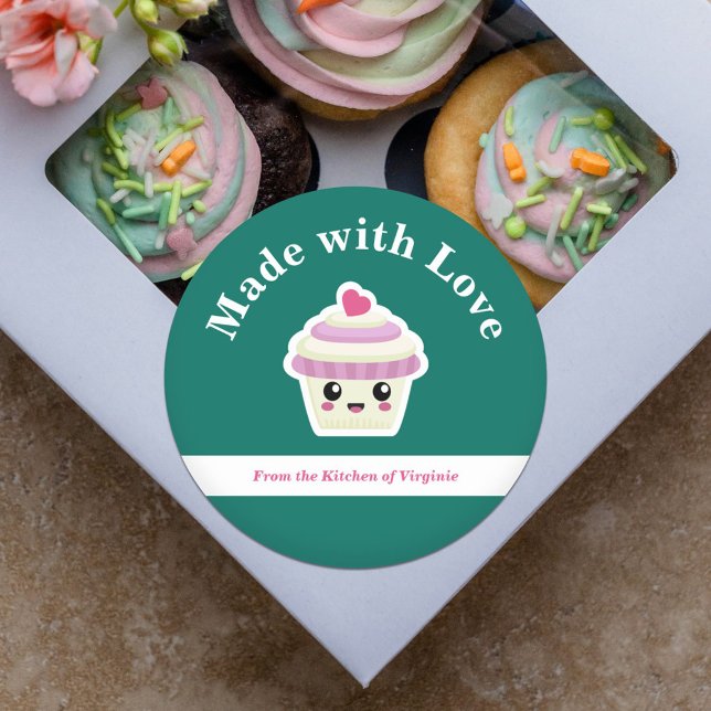 Cupcake Kawaii Made with Love Sticker Étiquette (Cupcake Kawaii Made with Love Label Sticker)