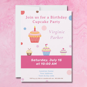 Cupcake Party rose Anniversaire Invitation