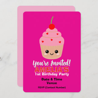 Cupcake rose 1er Anniversaire Carte d'invitation