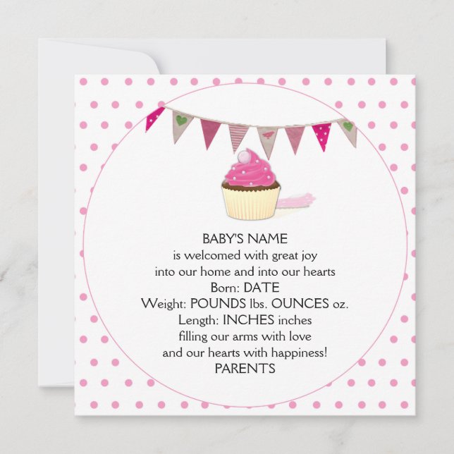 Cupcake rose Faire-part bébé (Devant)