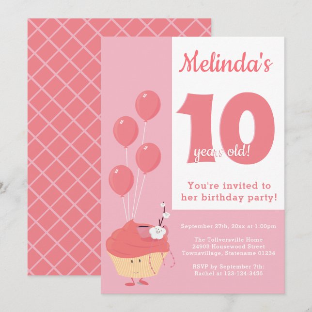 Cupcake rose souriant Anniversaire | Invitation (Devant / Derrière)