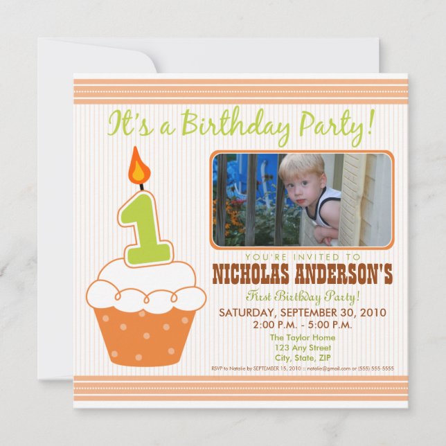 Cupcake sucré 1er anniversaire Invitation Orange (Devant)