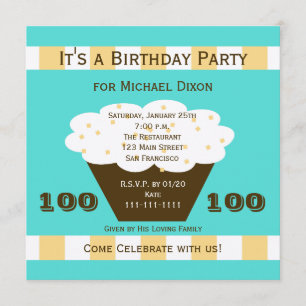 Cupcake sur Aqua 100th Birthday Party Invitation