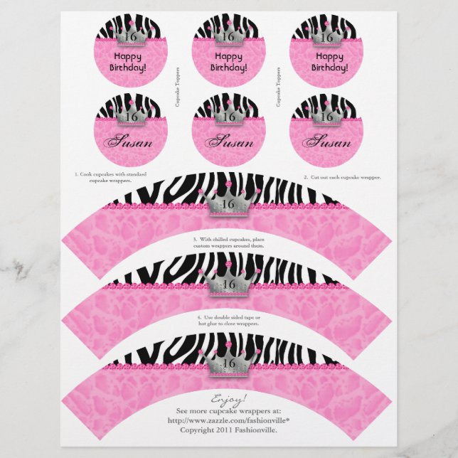 Cupcake Wrappers Princess Crown Zebra avec toppers (Devant)