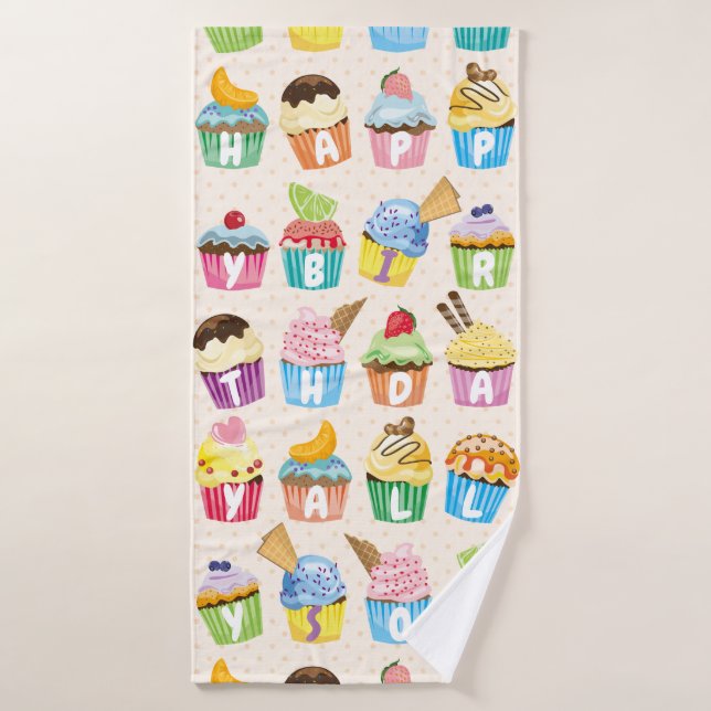 Cupcakes Happy Birthday Ajouter Votre Nom Cute Goo (Serviette de bain)
