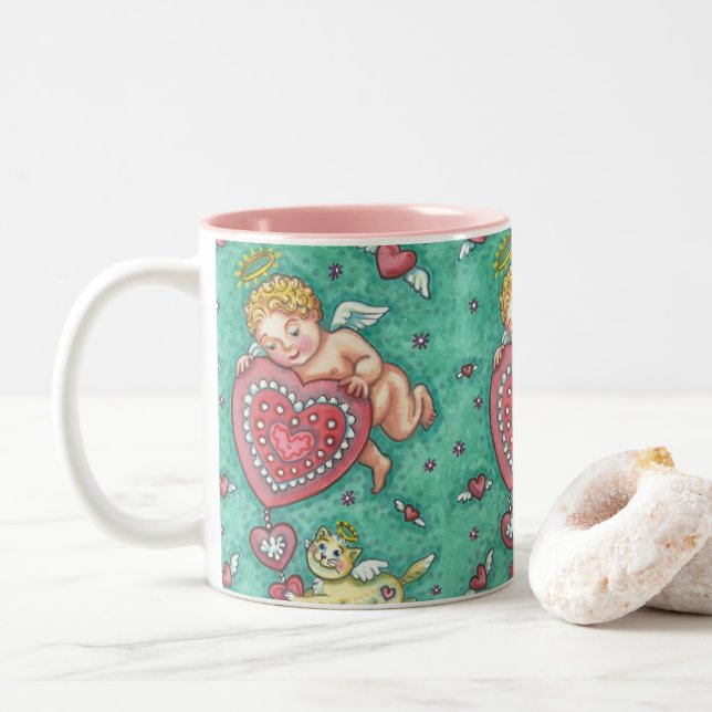 CUPID'S COEUR ET KITTEN VALENTINE MUG Répéter (Avec donut)