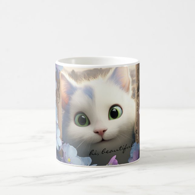 Curieux Fleurs de chats blancs Mug texte personnal (Centre)