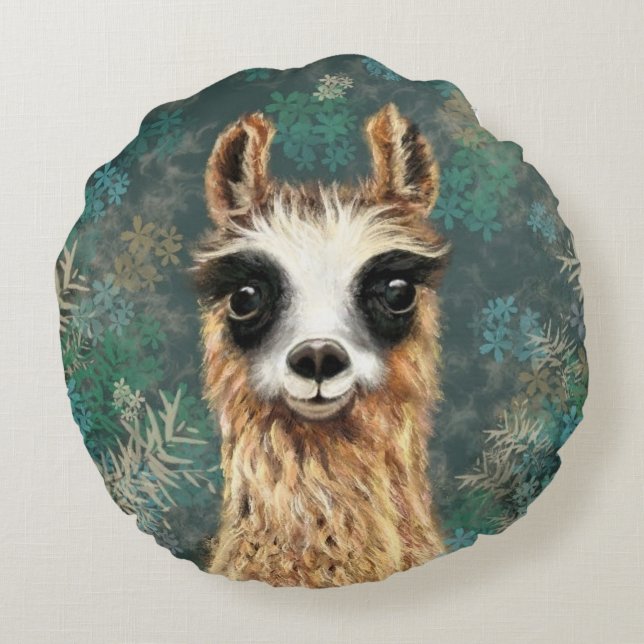 Curieux Llama Funny Coussin rond (Dos)
