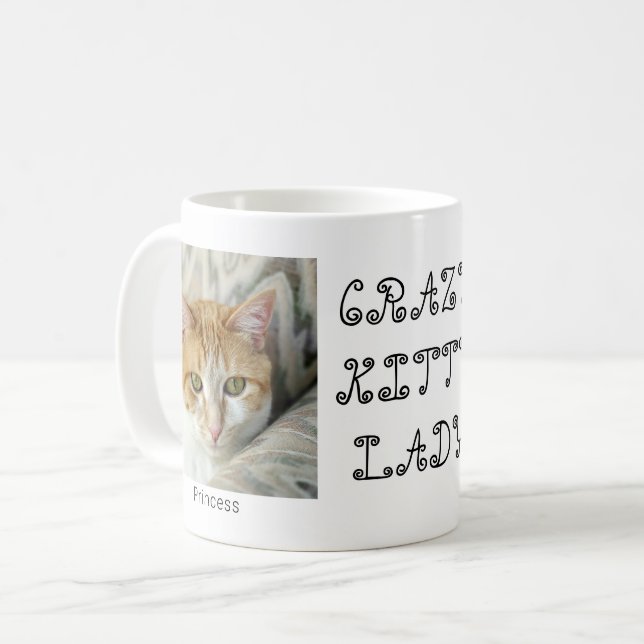 Custom 2 Photo Crazy Kitty Lady Cute Coffee Mug (Devant gauche)
