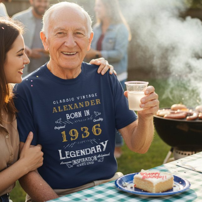 Custom 90th Birthday T-Shirt - Né en 1936 Légende (90th birthday blue t-shirt worn at a BBQ)
