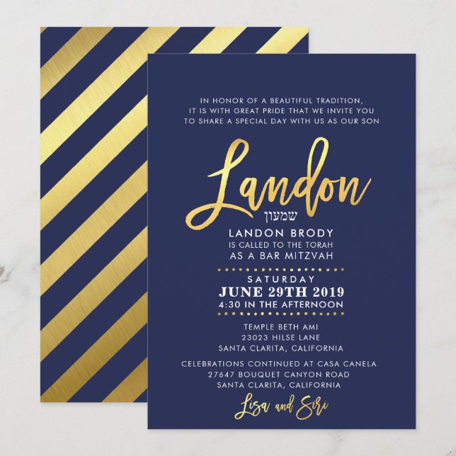 CUSTOM Bar Mitzvah Invitation marine bleu + or LAN (Devant / Derrière)