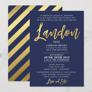 CUSTOM Bar Mitzvah Invitation marine bleu + or LAN