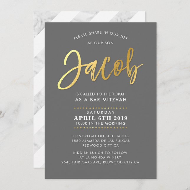 CUSTOM Bar Mitzvah Invitation pour Jacob grey + or (Devant / Derrière)