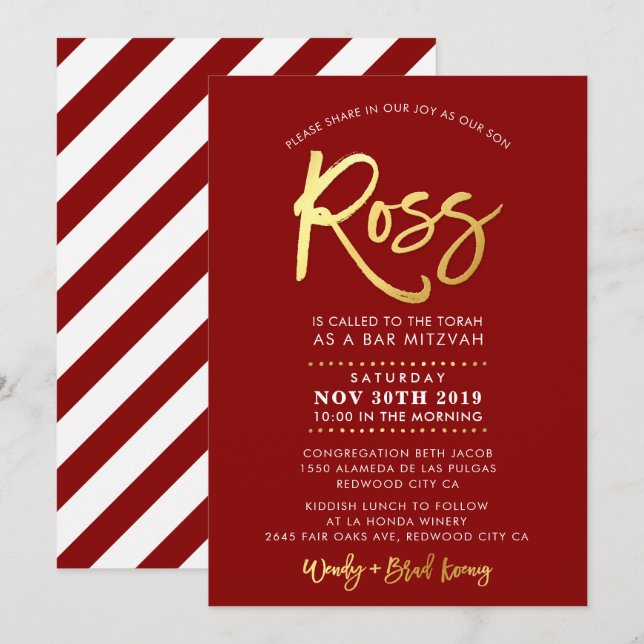 CUSTOM Bar Mitzvah Invitation pour Ross rouge + or (Devant / Derrière)