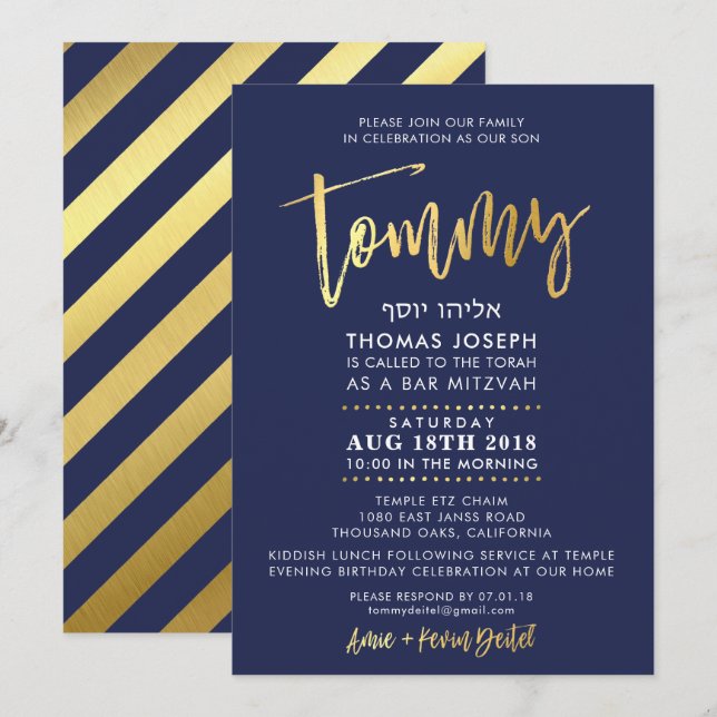 CUSTOM Bar Mitzvah Invitation pour Tommy navy + or (Devant / Derrière)
